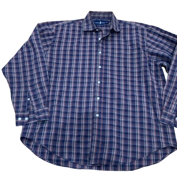 T. Harris London Gentlemans Fit Plaid Long Sleeve Button-Up Shirt L Navy/Red - Picture 1 of 5